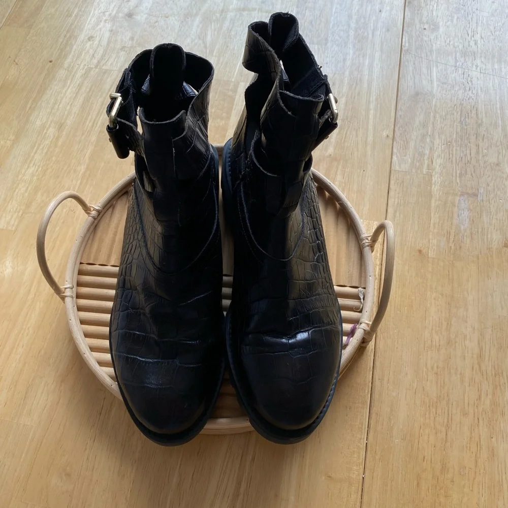 Miista Leather Ankle Buckled Boots Croc Embossed 7 - Picture 1 of 4